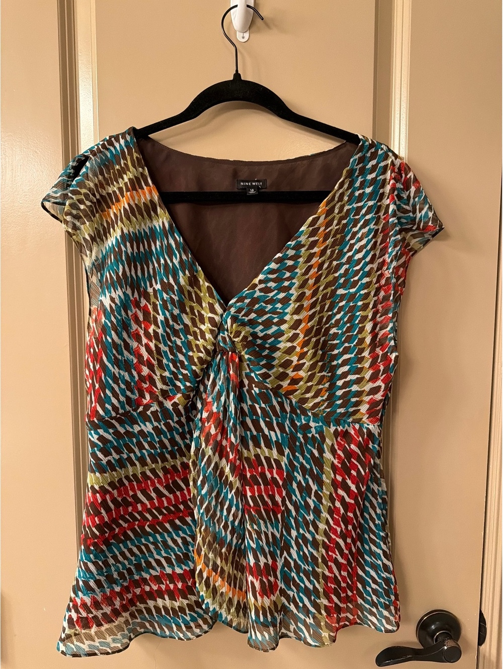 Nine West Multicolor Patterned Short Sleeve V-Neck Blouse Size M